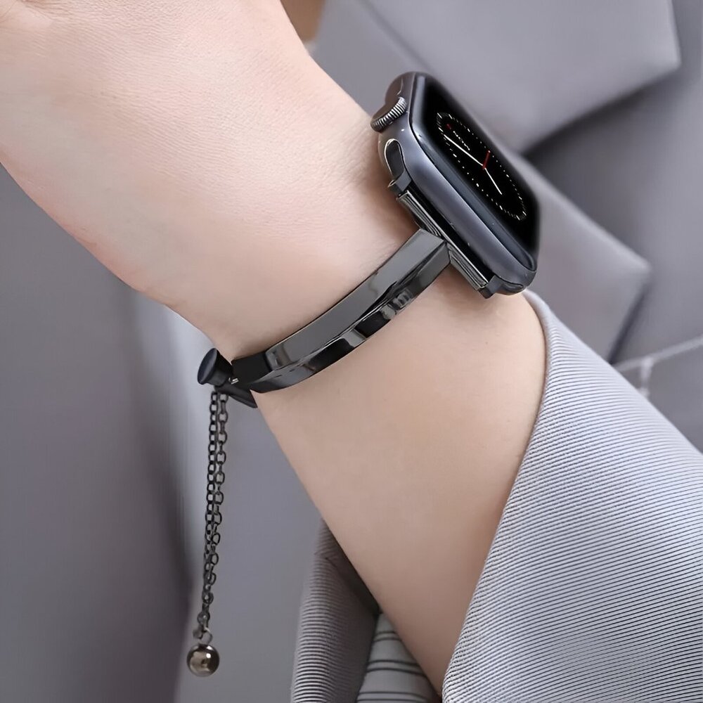 Apple Watch Band Adjustable Slim Stylish Strap Silver Stainless Bracelet - Black